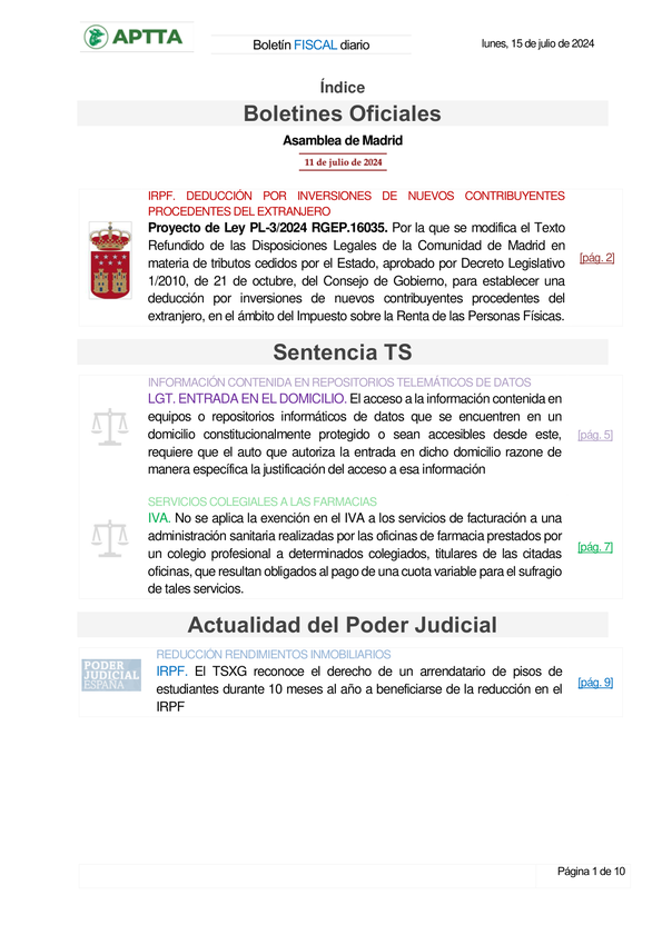 Boletín fiscal 15/07/2024