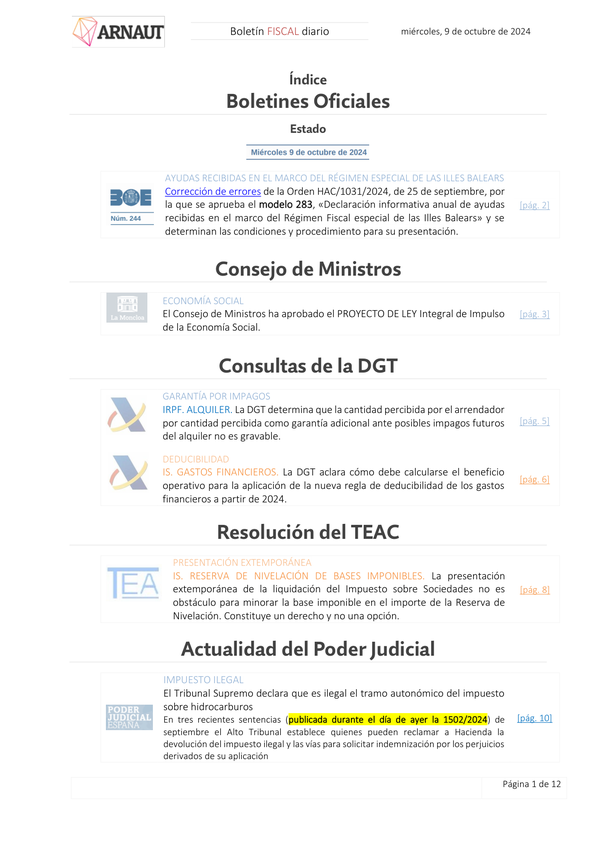 Boletín fiscal 09/10/2024