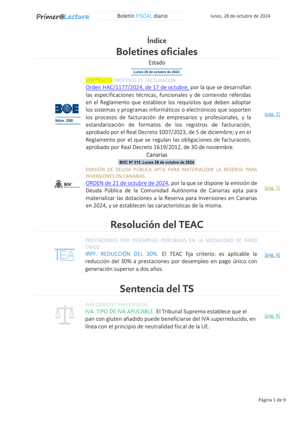 Boletín fiscal 28/10/2024