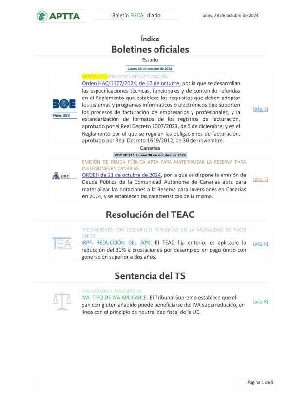 Boletín fiscal 28/10/2024