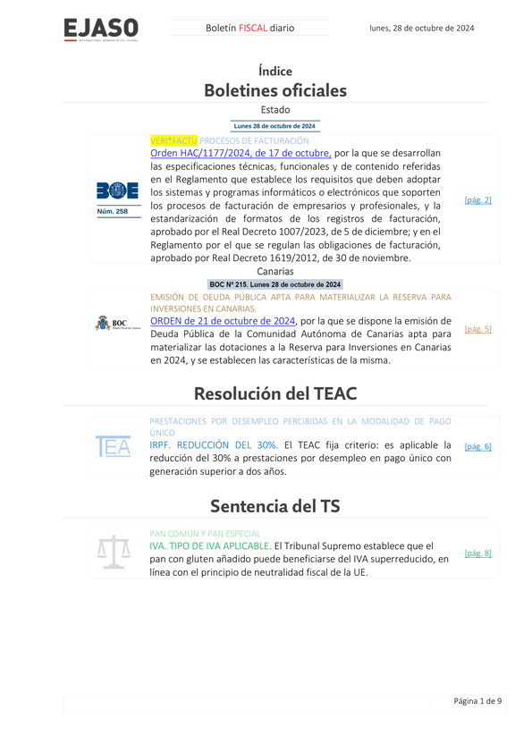 Boletín fiscal 28/10/2024