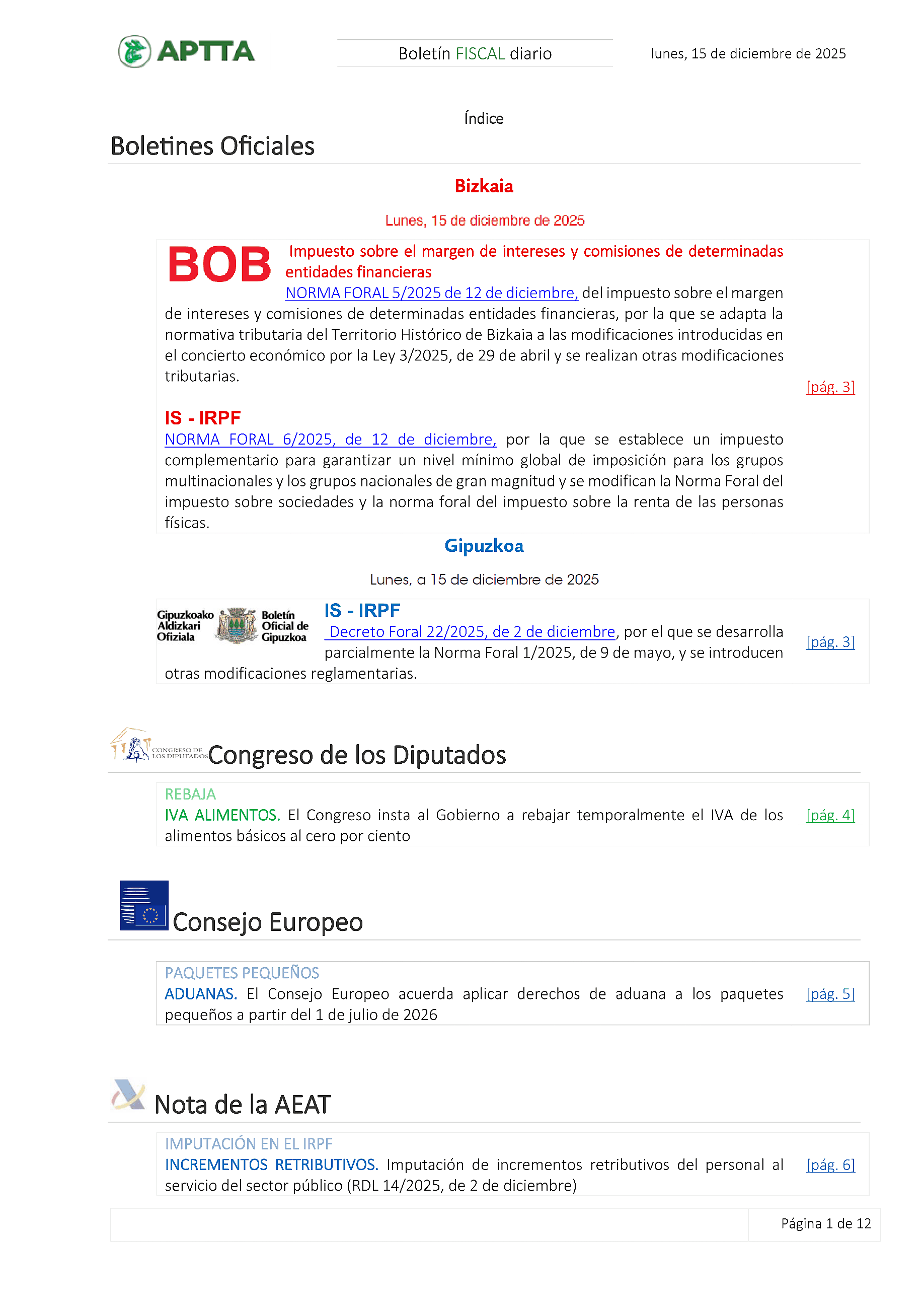 Boletín fiscal 15/12/2025