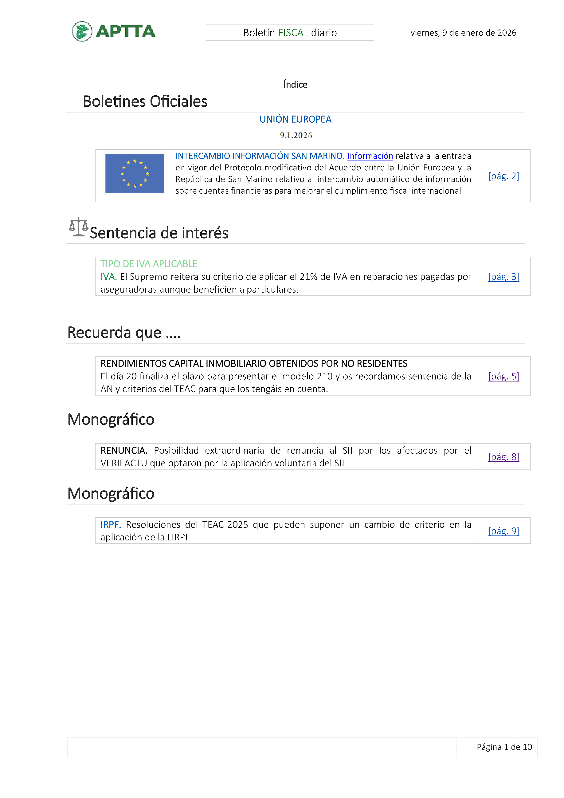 Boletín fiscal 09/01/2026