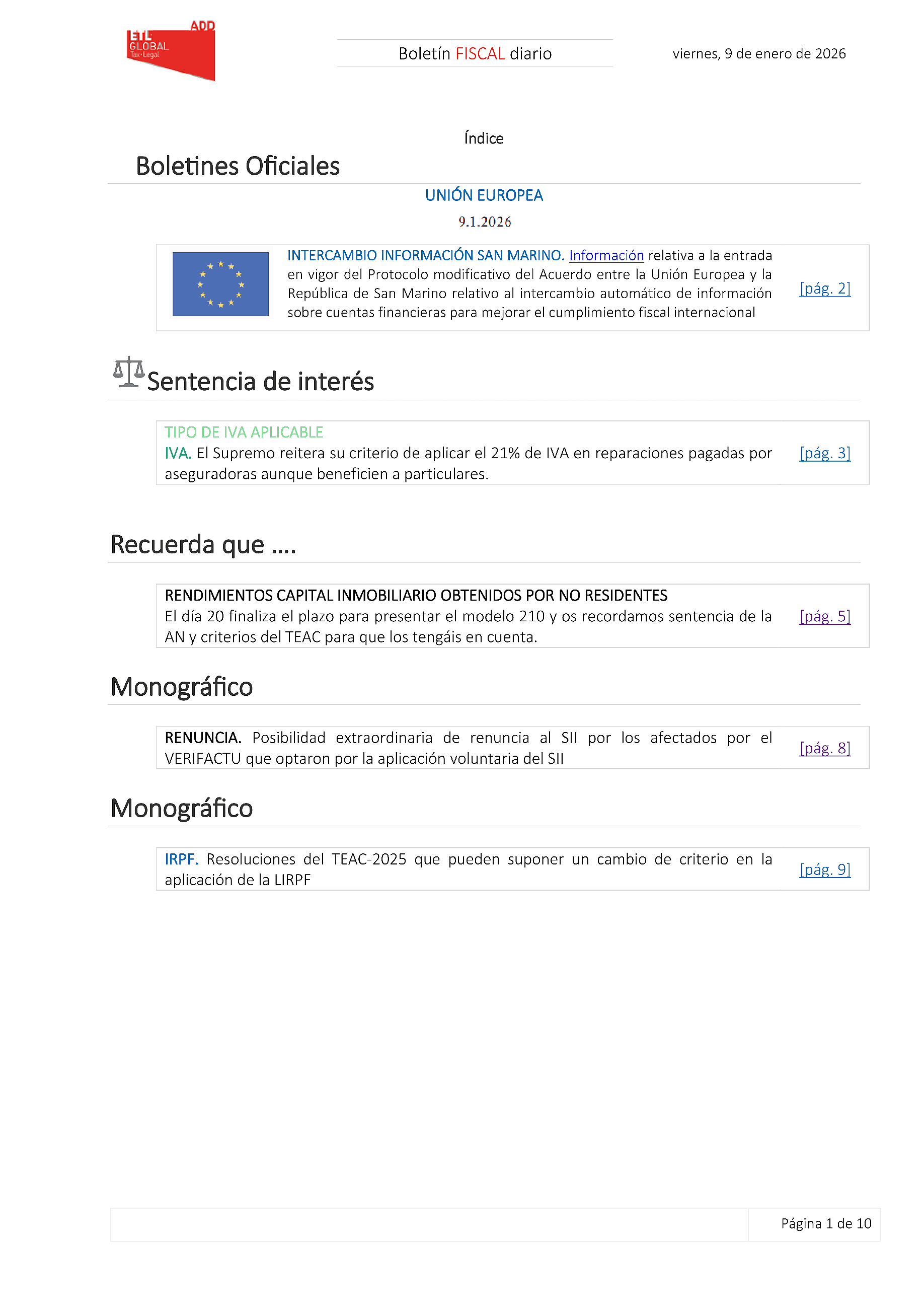 Boletín fiscal 09/01/2026